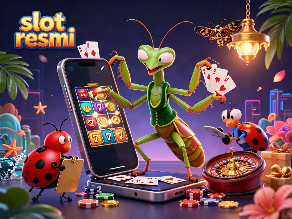 Experience slot resmi with the vibrant scene of a giant praying mantis dealer amidst casino excitement.