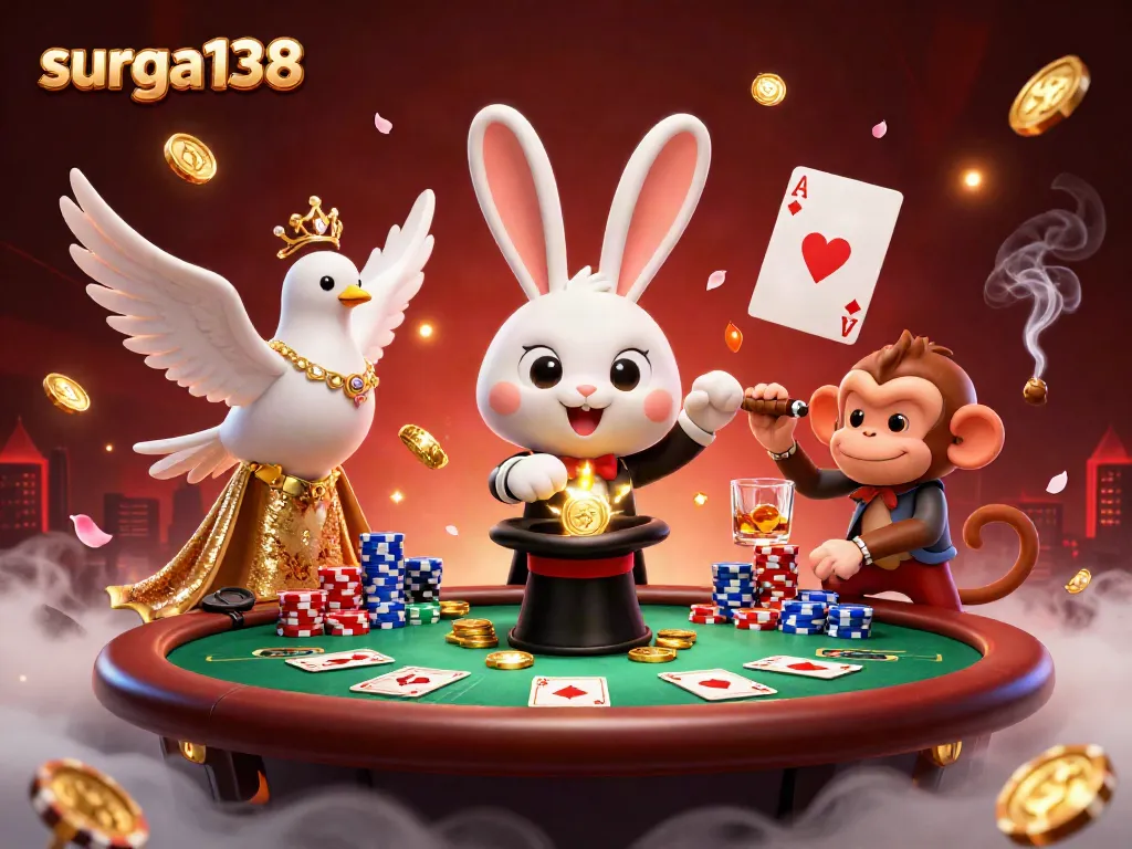 Permainan surga138 dengan kelinci penyihir menarik koin emas, mengelilingi meja poker dengan warna-warni chip.
