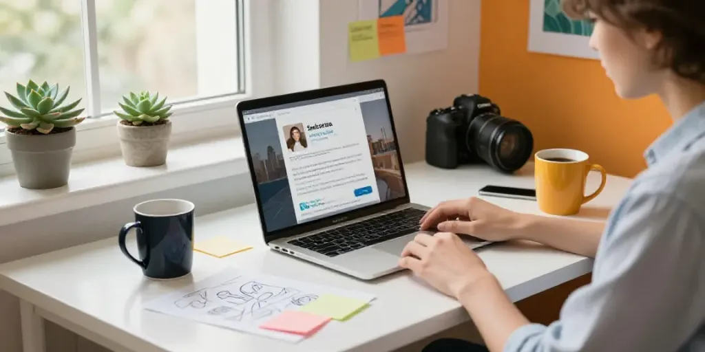 AI social media bios generator in a vibrant creative workspace showcasing colorful notes and inspiration.