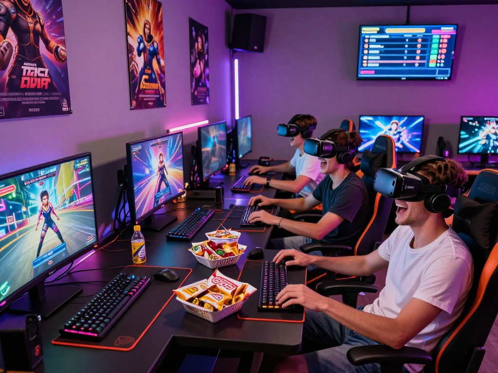 Group of friends enjoying a fun porn game session in a lively lounge atmosphere.