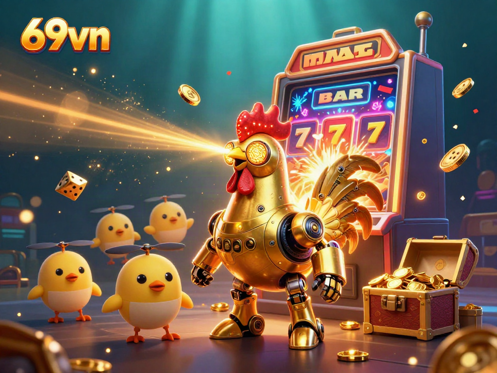 Experience the thrill of 69vn with a retro-futuristic casino adventure featuring a golden rooster robot.