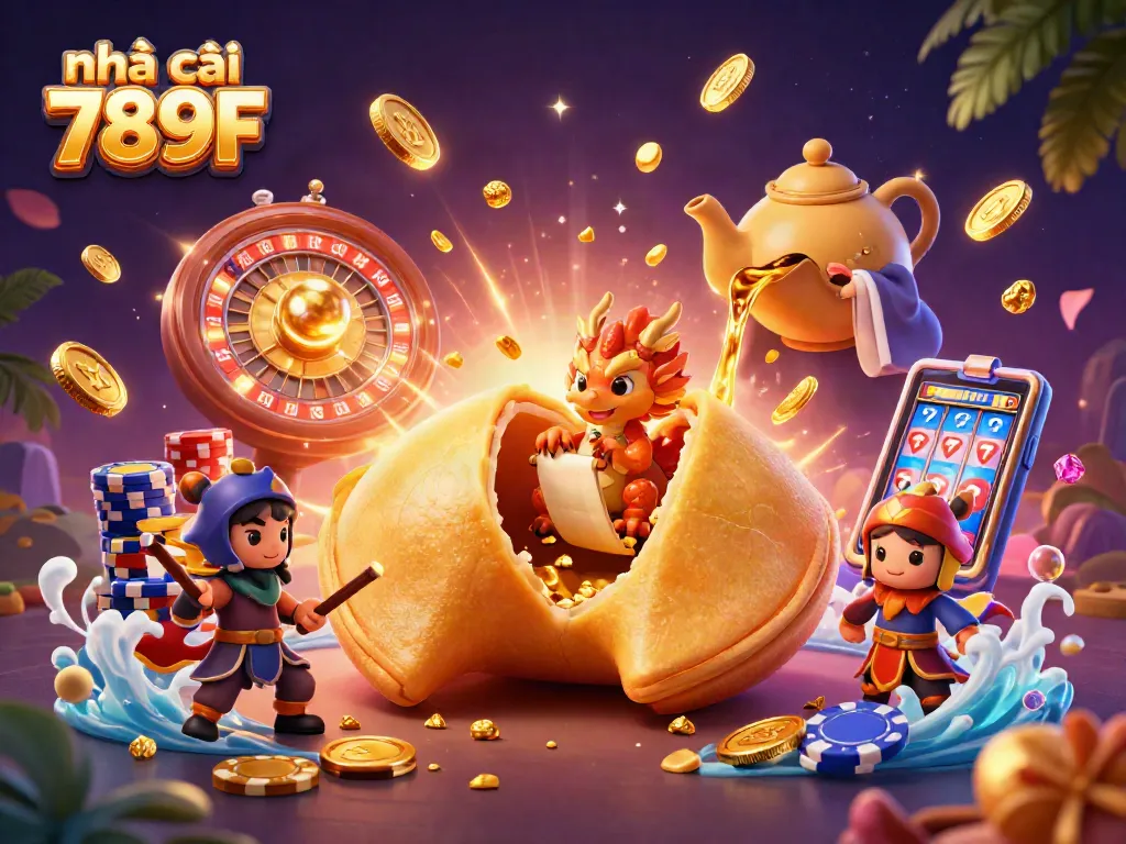 Engage with nhà cái 789F's vibrant casino world featuring dynamic gold elements and lively characters.