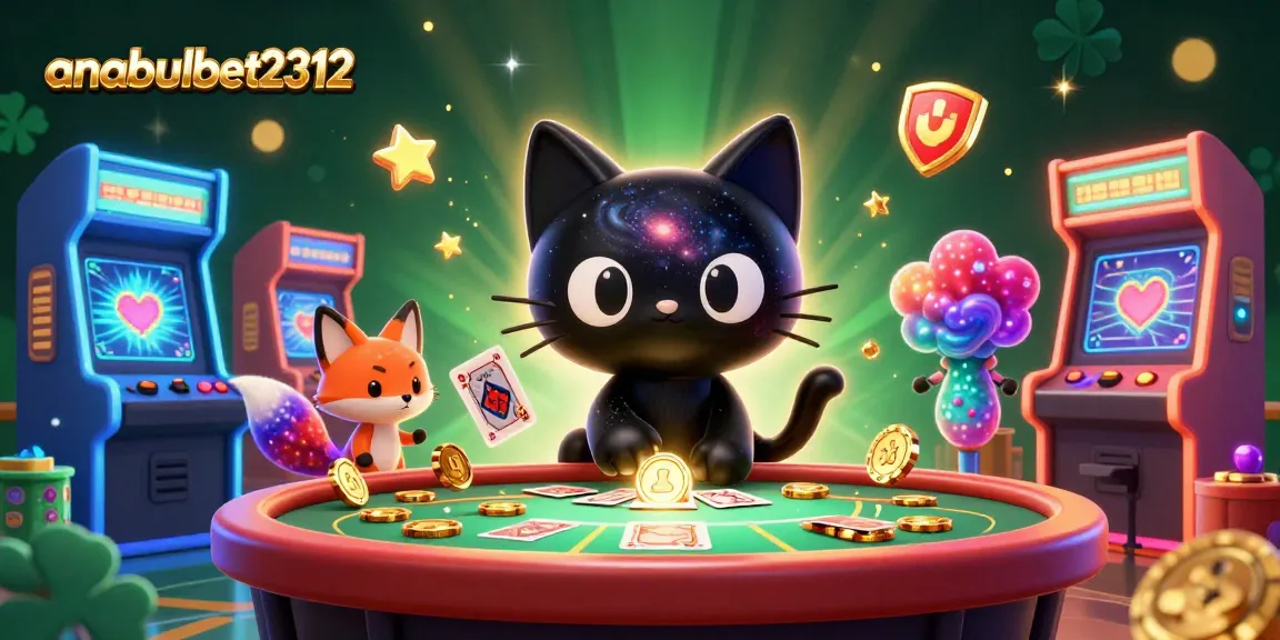 Genggam kemenangan di anabulbet2312 dengan kucing hitam bertema galaksi di meja kasino.