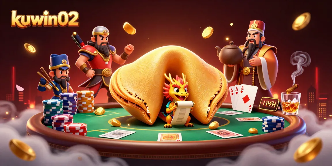 Invite fortune with kuwin02, showcasing a dynamic casino scene with poker table and mythical characters.