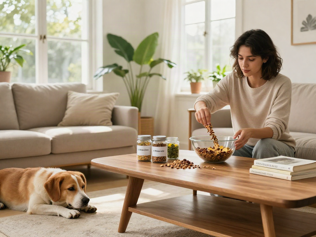 Calming Dog Treats being prepared in a cozy living room to promote relaxation and pet wellness.