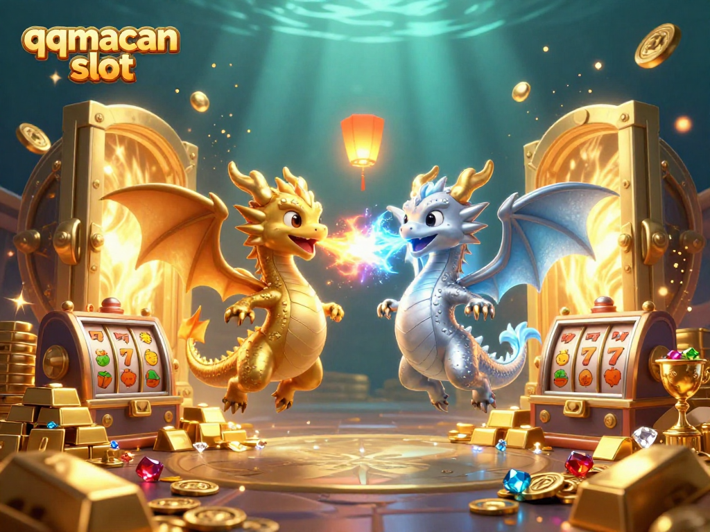Catch the thrills with qqmacan slot dragons breathing fire and ice over a treasure trove illustration.