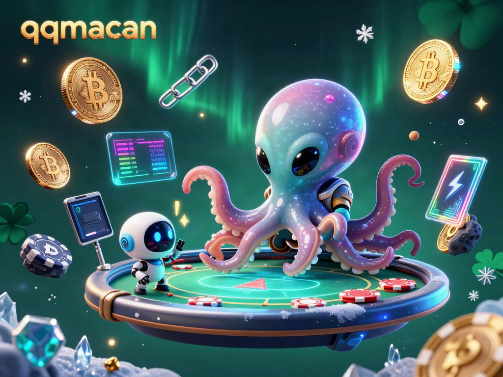 Engage with qqmacan's extraterrestrial poker scene showcasing an alien octopus and floating crypto elements.