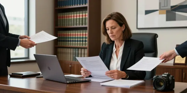 Karen McCleave attorney reviewing legal documents in her office, showcasing professionalism.