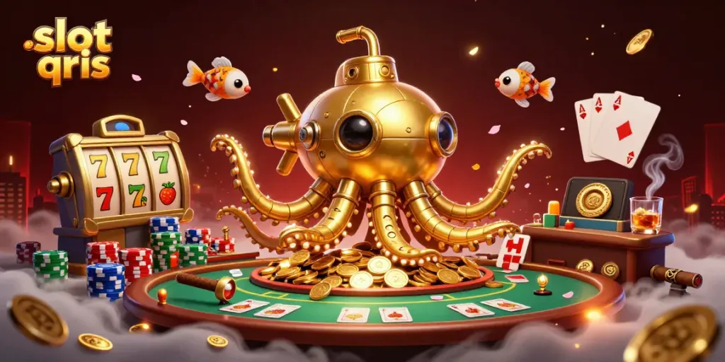 Engage with slot qris through a vivid 3D illustration featuring a golden kraken submarine in a sea of coins.