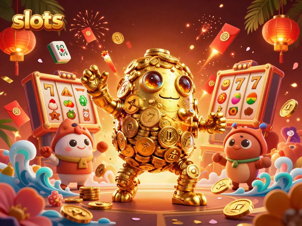Engaging slots scene with a golden golem, vibrant slot symbols, and stunning visuals