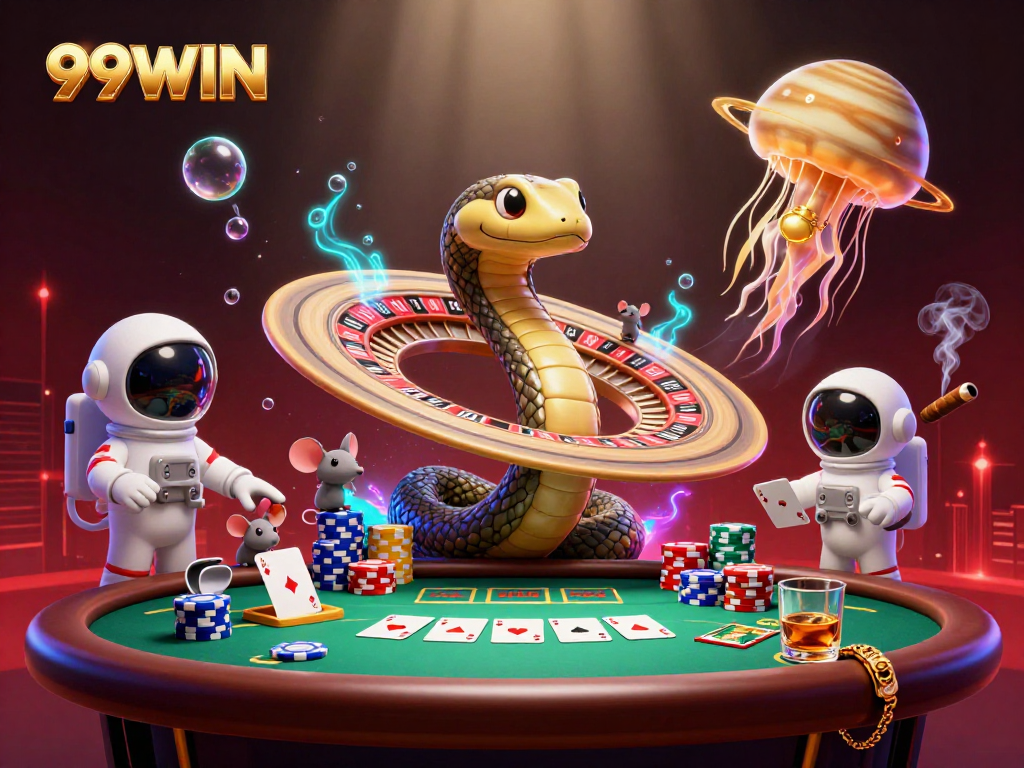 Engage with 99WIN's thrilling cosmic casino adventure featuring playful mice betting on a roulette wheel.