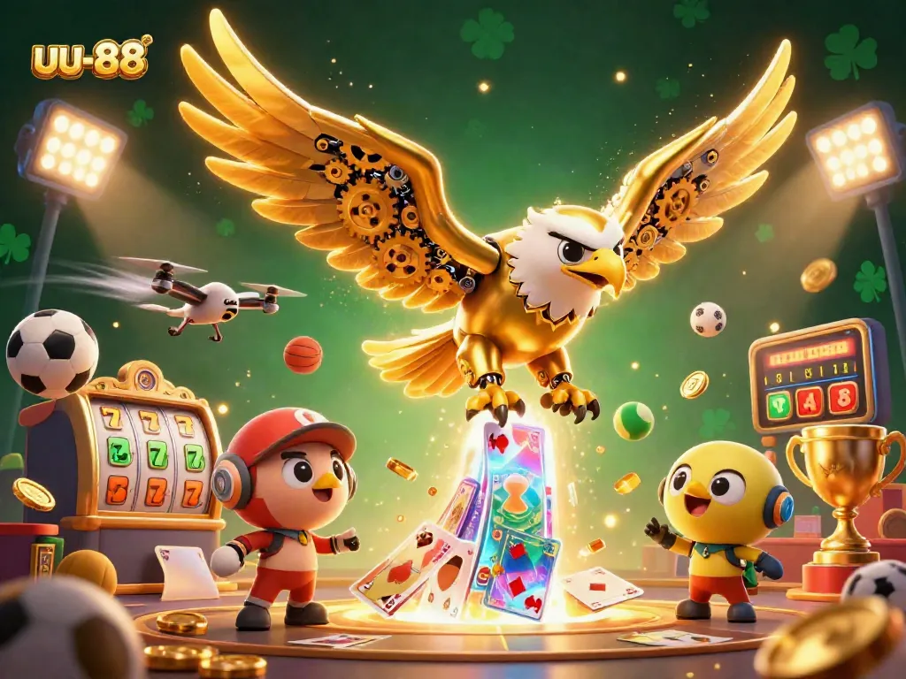 uu-88 showcases a cybernetic eagle diving through holographic playing cards amidst slot reels and gold coins.