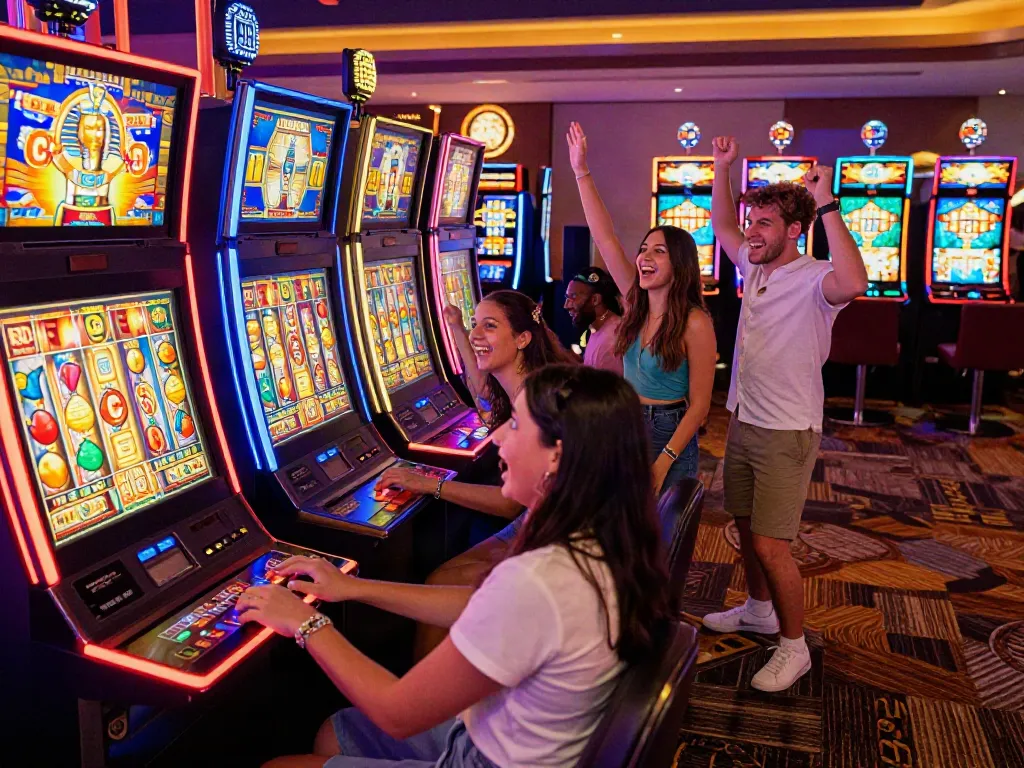 Excited group playingสล็อต at a vibrant casino with colorful slot machines and festive atmosphere.