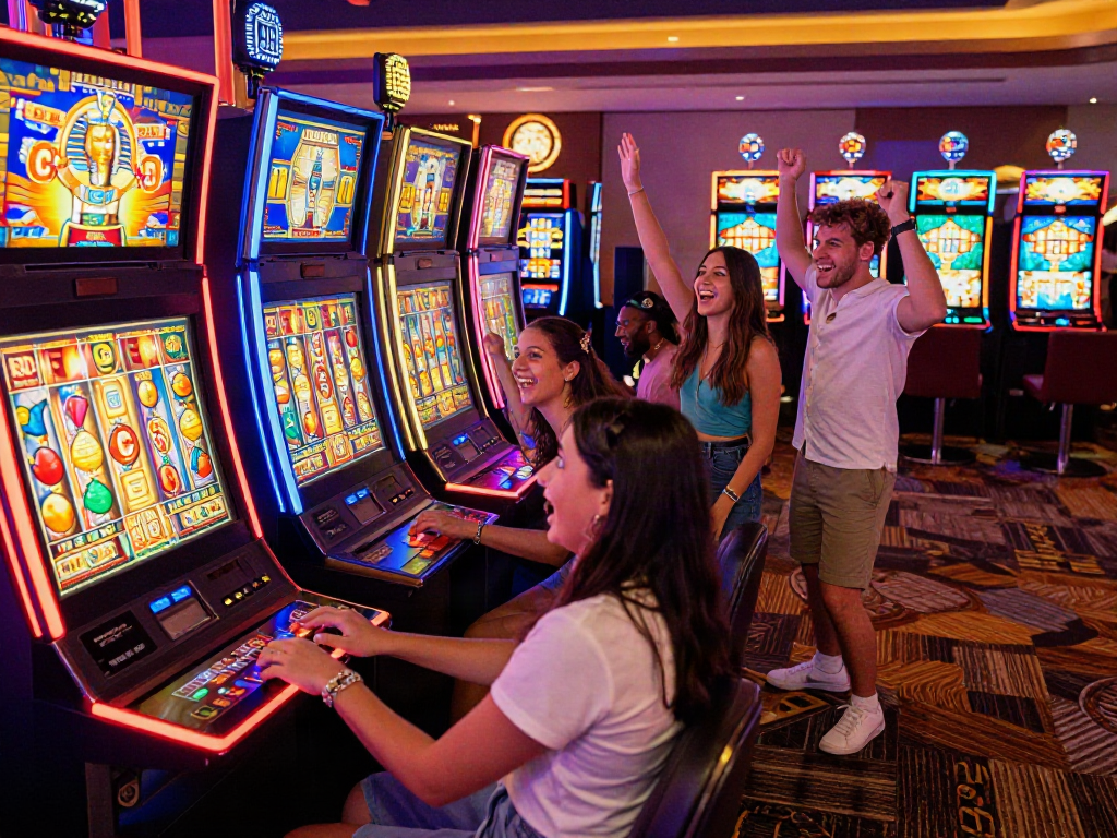 Excited group playingสล็อต at a vibrant casino with colorful slot machines and festive atmosphere.