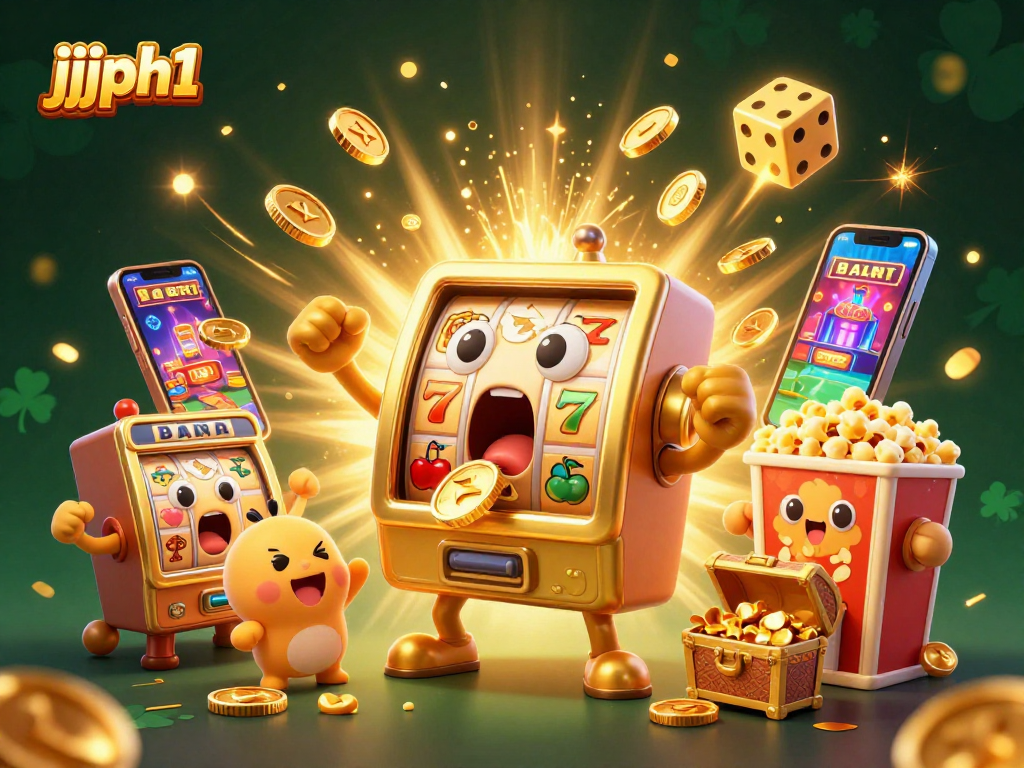 Experience exciting wins with jjjph1 as the golden slot machine hits the jackpot amid flying coins and symbols.