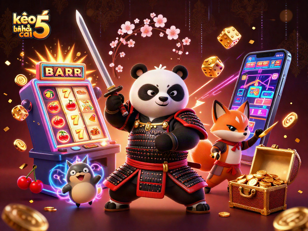 Experience kèo nhà cái 5 with a stunning scene of samurai panda, ninja fox, and treasure amidst a jackpot explosion.