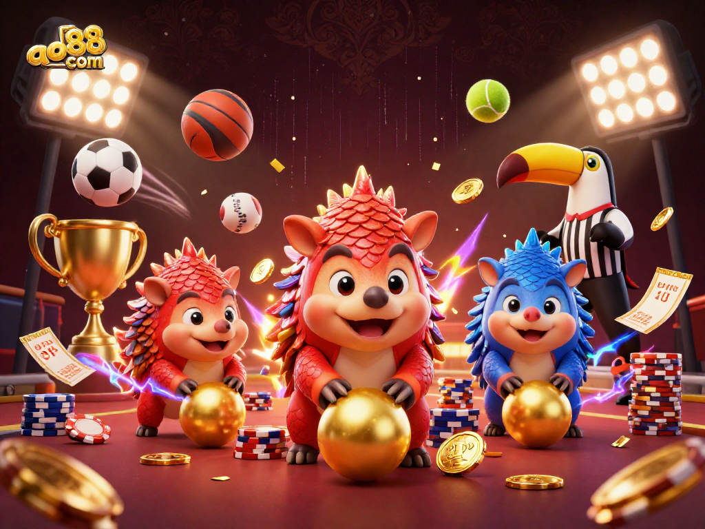 Experience thrilling gameplay at ao88 com with vibrant pangolins, poker chips, and dynamic sports elements.