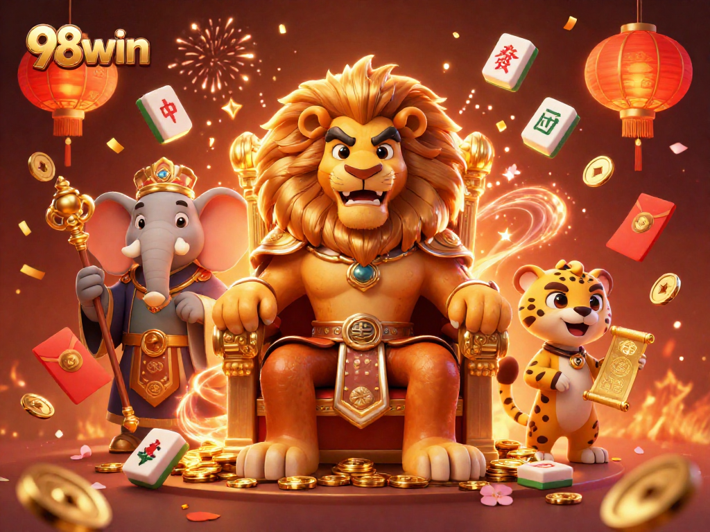 Engage with the 98win experience featuring a lion king, elephant advisor, and cheetah messenger in grand casino illustration.