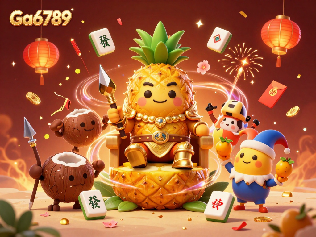 Engage in the vibrant festivities at Ga6789's beach casino, featuring a pineapple king and rich casino elements.