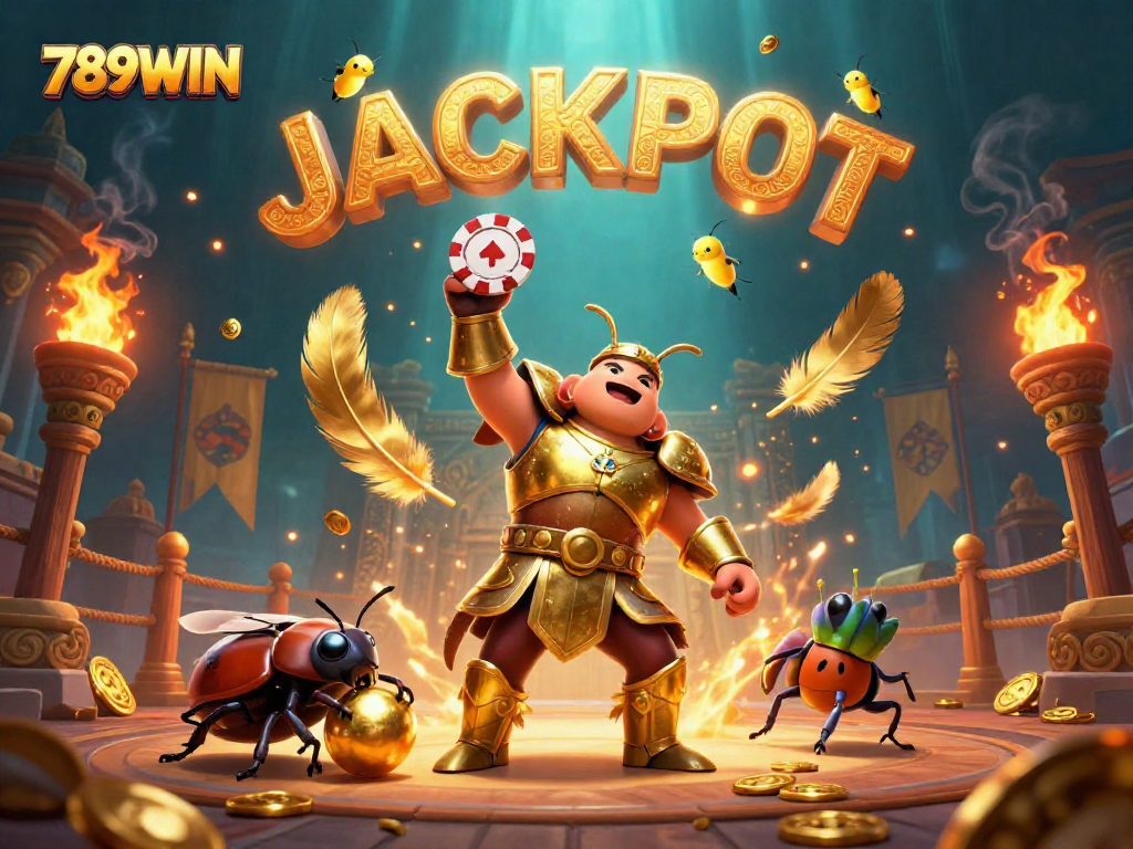 Experience the thrill with 789WIN as the hero beetle celebrates a big win amidst casino elements.