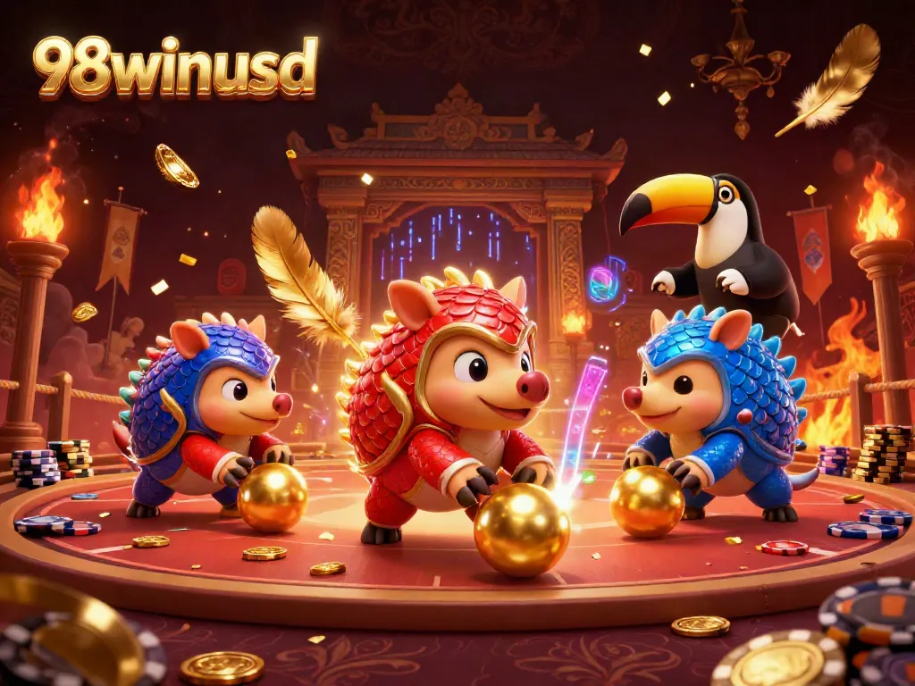 Witness the excitement of 98winusd as pangolins compete in a vibrant casino-themed showdown.