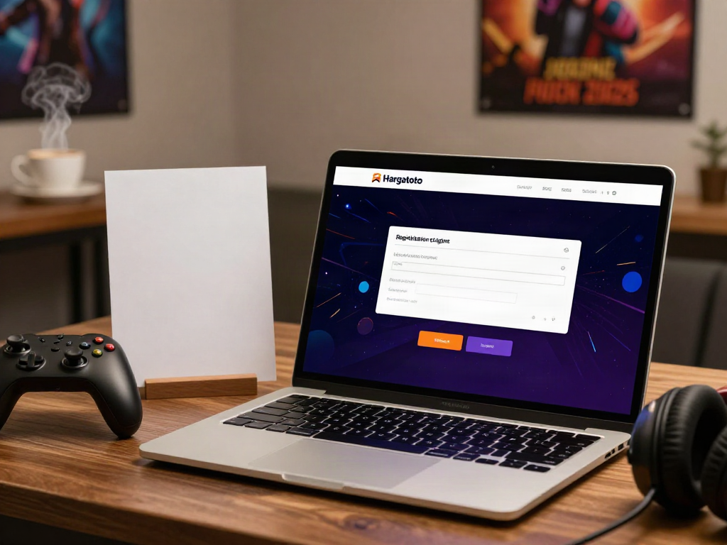 User engaging in Hargatoto login on a laptop, surrounded by gaming accessories and warm lighting.