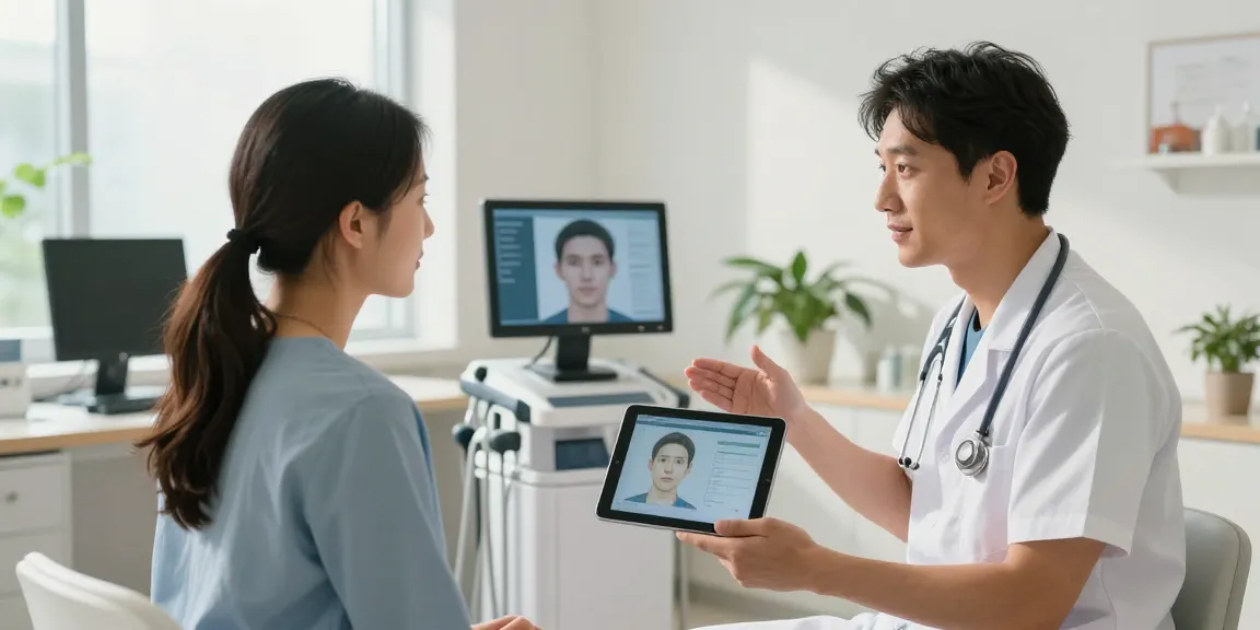 Patient reviewing facial analysis with ClinicEvo is a better alternative to QOVES in a bright clinic.