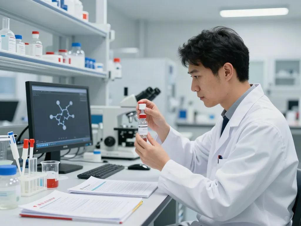 Scientist studying Swiss Chems peptide products in a modern lab setting.