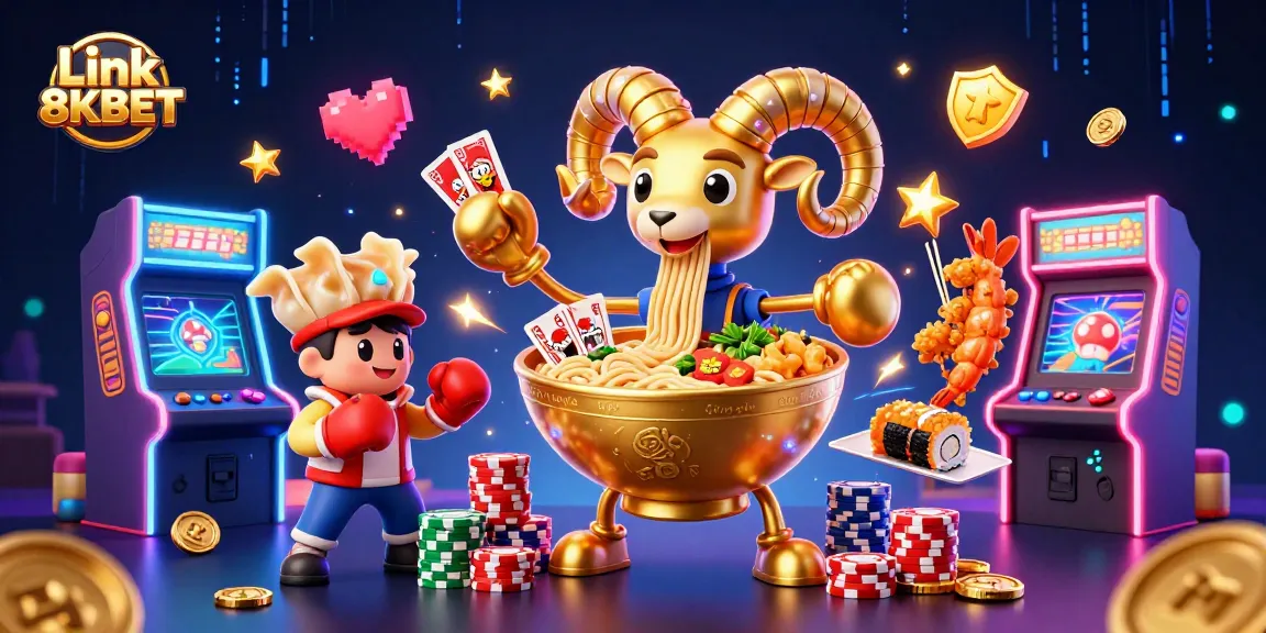 Engage with Link 8KBET through a vibrant 3D casino scene featuring a playful giant ramen bowl character surrounded by energetic game elements.