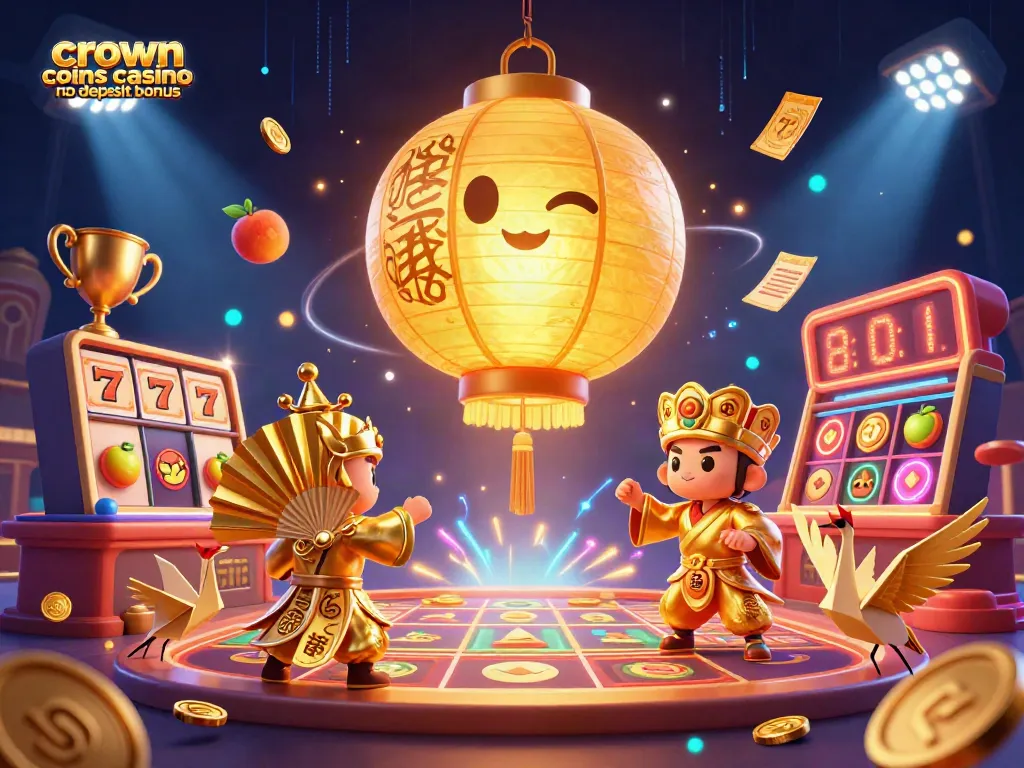 Crown coins casino no deposit bonus scene with golden lantern spirit and slot elements for players