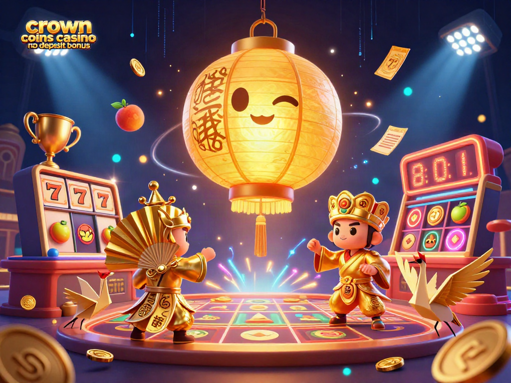Crown coins casino no deposit bonus scene with golden lantern spirit and slot elements for players