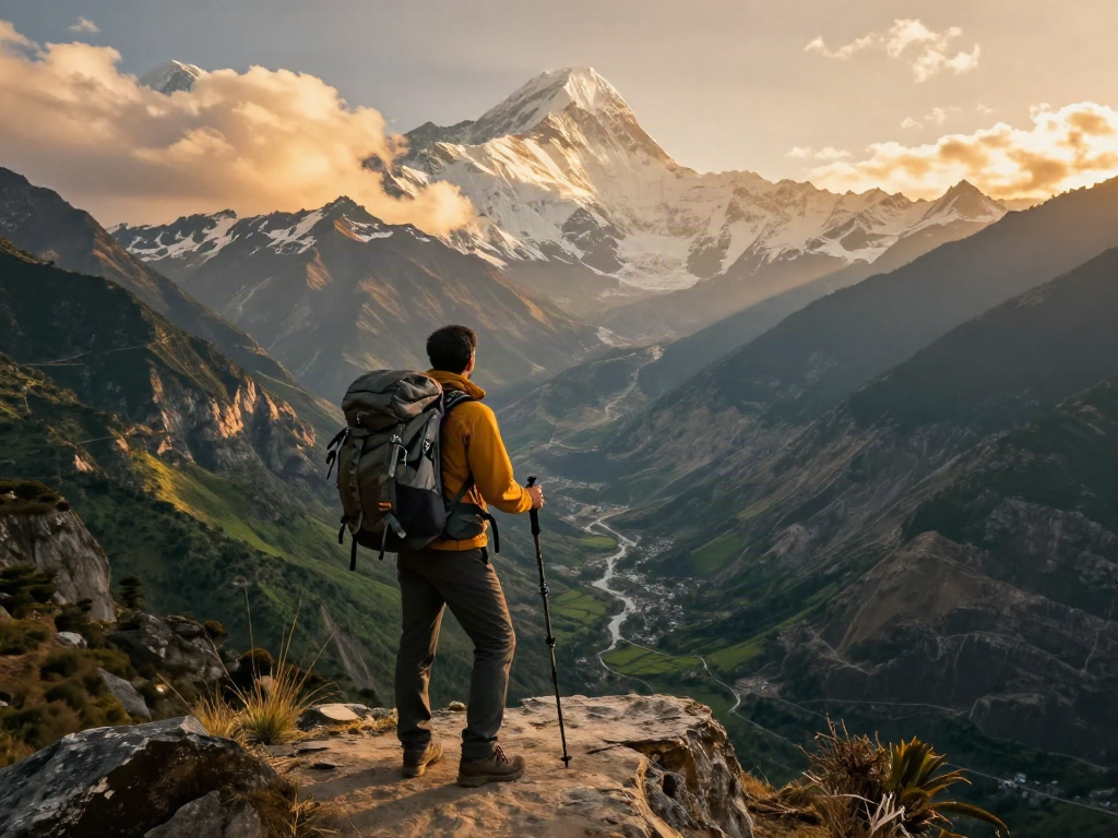 Manaslu Trek traveler enjoying panoramic views at sunset.