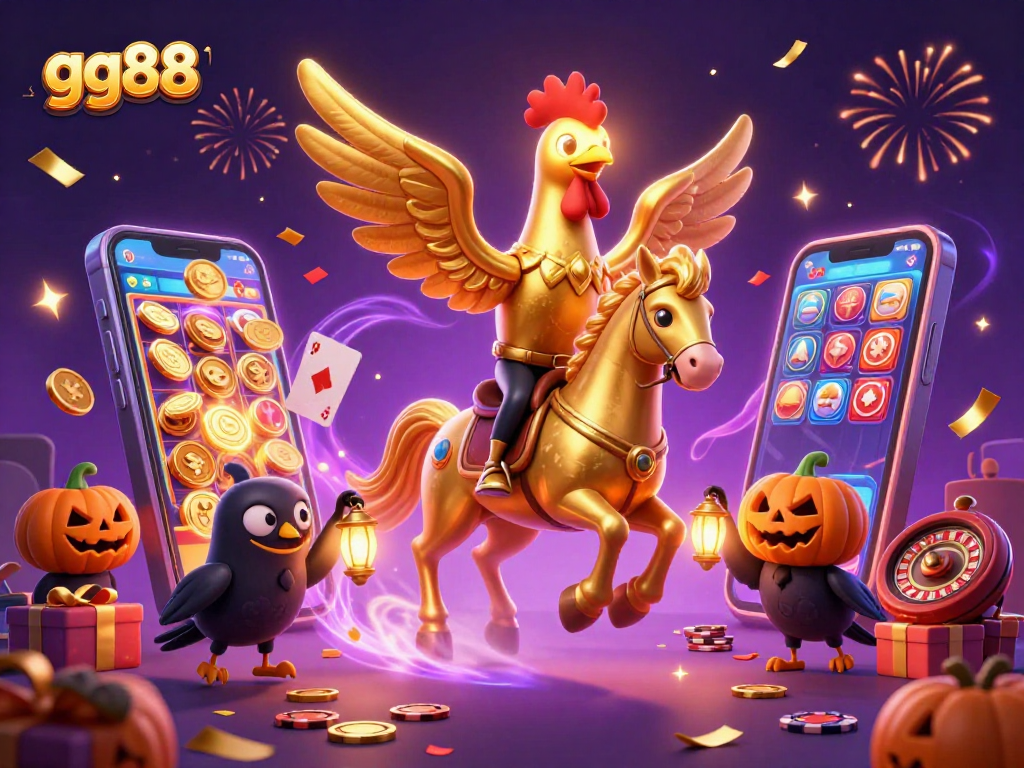 Experience thrilling moments at gg88 with an exciting casino illustration featuring a golden rooster and friends.