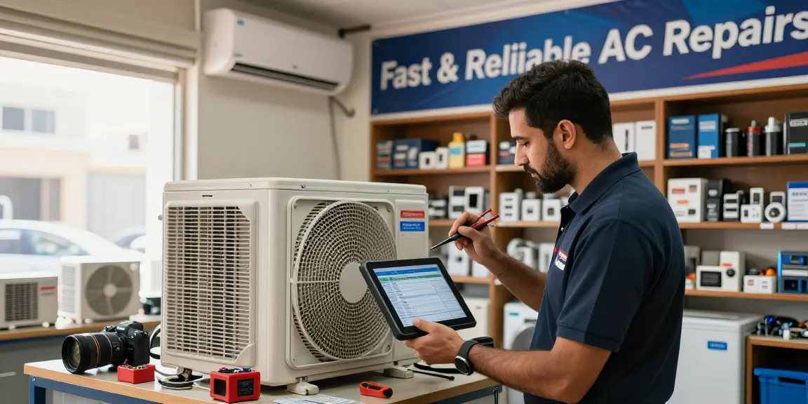 Expert Split AC repair technician diagnosing an air conditioning unit in a well-organized workshop.