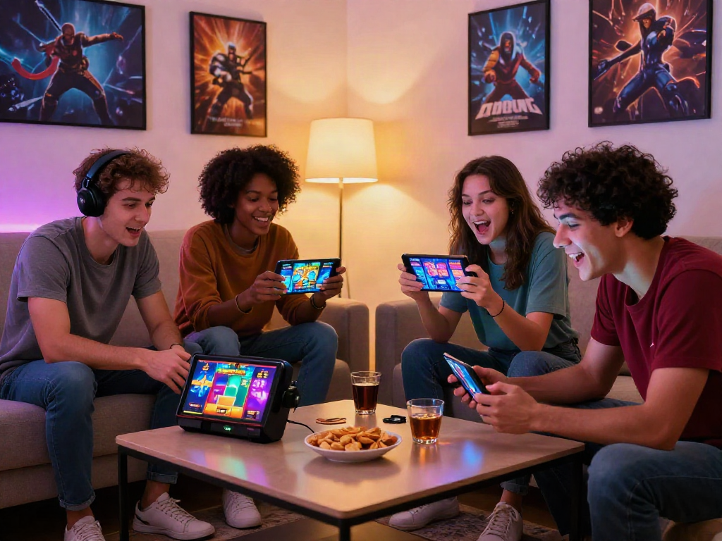 Exciting scene of friends playing bandar slot game on mobile device in cozy living room.