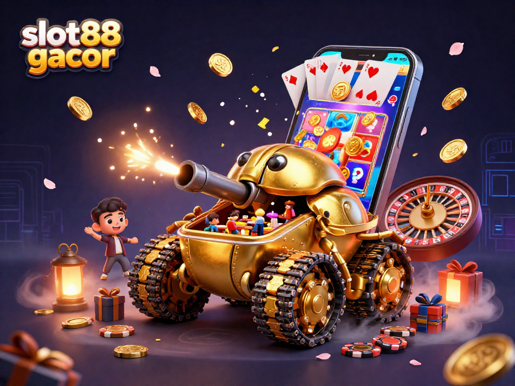 Experience slot88 gacor with excitement as golden coins erupt from a smartphone amidst a casino scene.