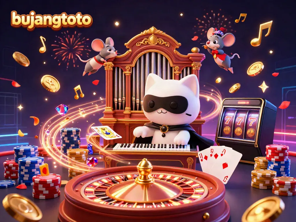 Bujangtoto showcases floating coins and vibrant characters in an energetic casino scene.