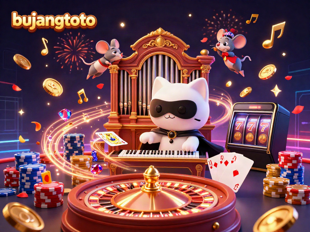 Bujangtoto showcases floating coins and vibrant characters in an energetic casino scene.