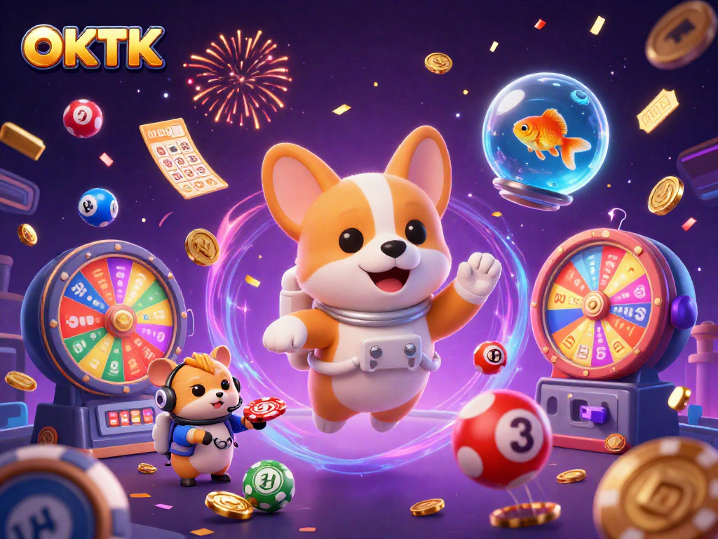 Engage with playful OKTK casino fun featuring a corgi in space with gambling elements.