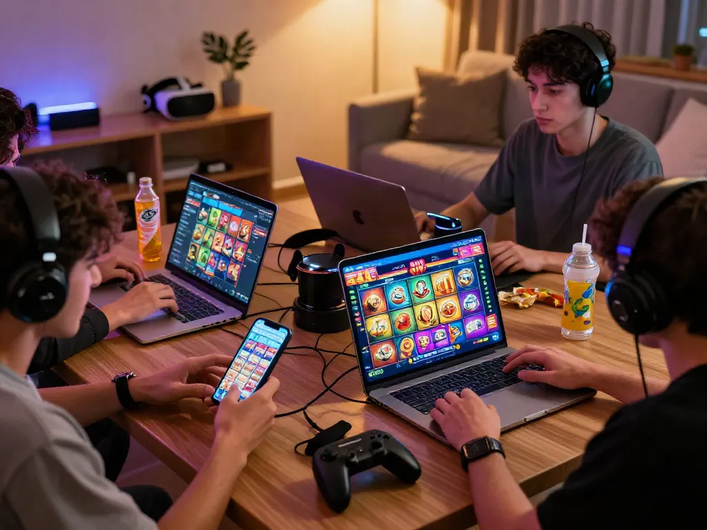 Pengalaman permainan online di https://dewi-19.it.com/ dengan pengguna yang berinteraksi dengan mesin slot di smartphone dan laptop.