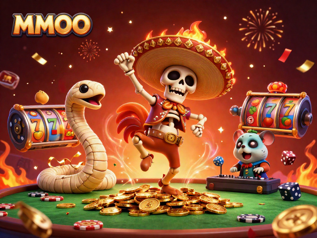 Experience the thrill of MMOO with a dynamic illustration featuring a lively mariachi rooster and casino elements.