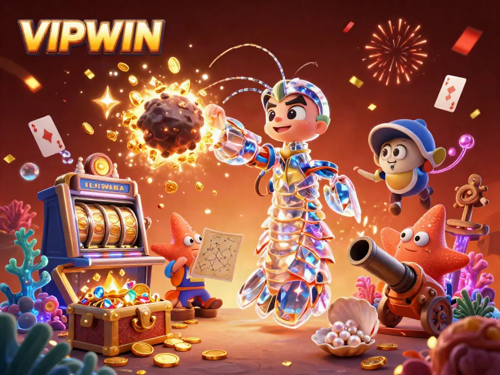 Experience thrilling gaming at VIPWIN with a vibrant illustration of an adventurous galactic shrimp amidst gold coins and playing elements.