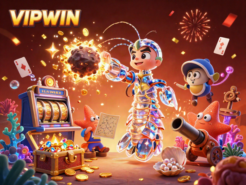 Experience thrilling gaming at VIPWIN with a vibrant illustration of an adventurous galactic shrimp amidst gold coins and playing elements.