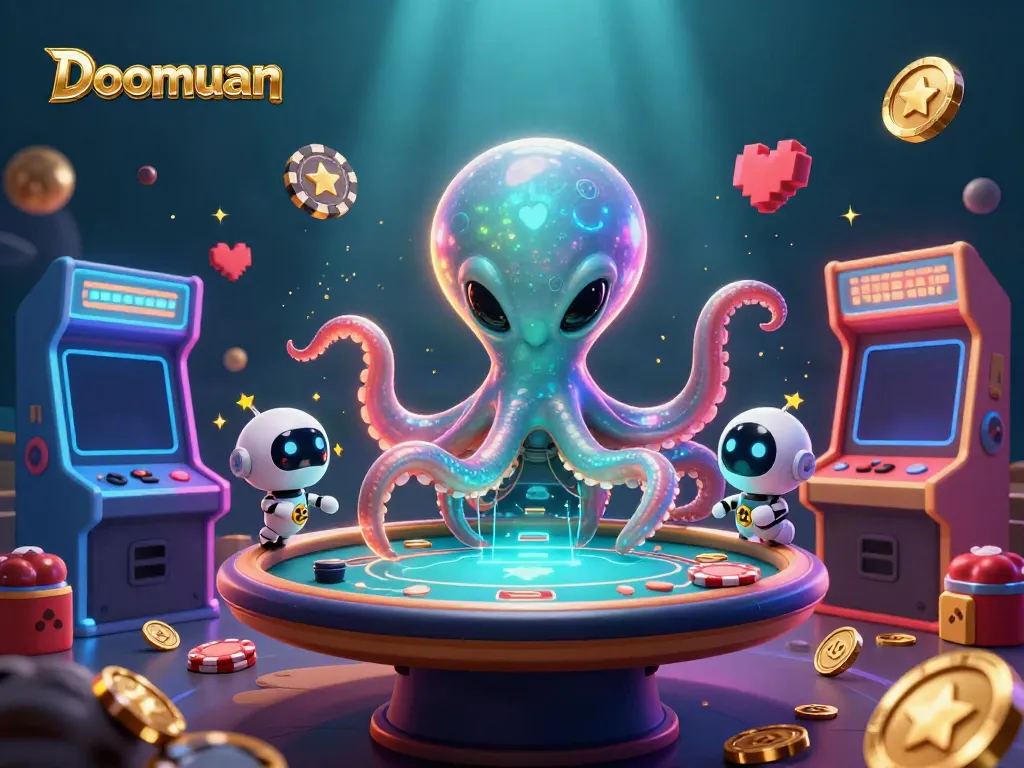 Doomuan features a cheerful alien octopus at a poker table surrounded by vibrant gaming elements.