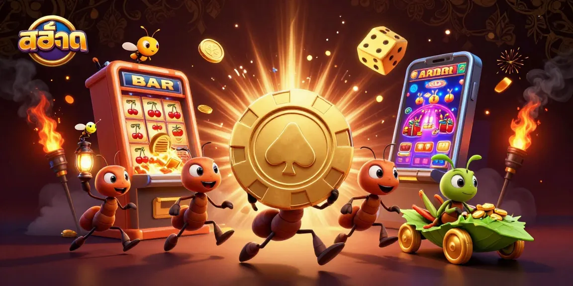 Engaging illustration of สล็อต gameplay showcasing ants heisting a giant poker chip with dynamic casino elements.