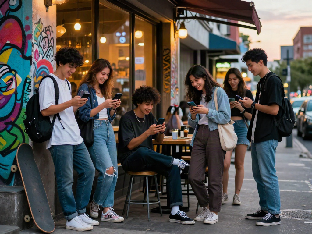 福利姬街头文化聚会，年轻人穿着时尚，展示手机应用，背景有城市涂鸦。