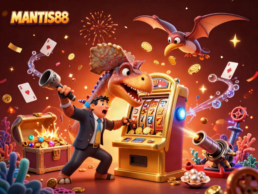 MANTIS88 slot scene with a dinosaur, casino manager, and coins in a vibrant explosion