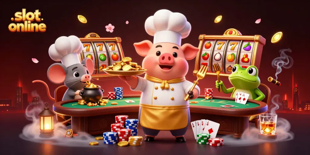 Cheerful chef pig serves gold coins in a vibrant casino scene showcasing slot online gaming.