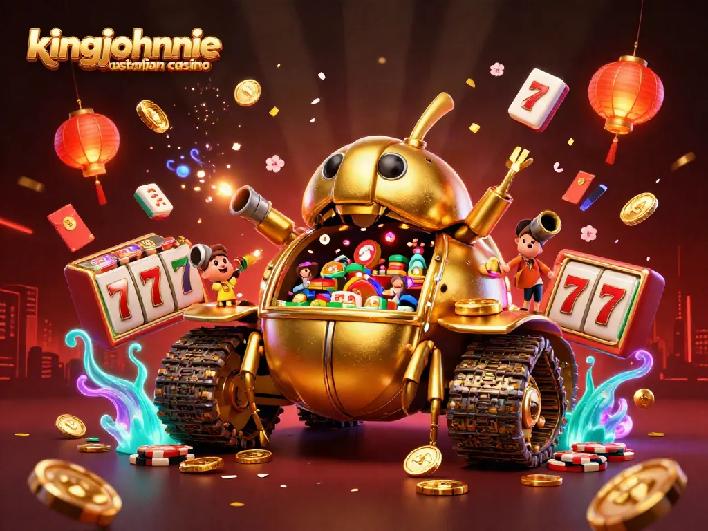 Engage with the kingjohnnie australian casino: a vibrant 3D golden beetle tank showcasing dynamic gaming elements and celebratory confetti.
