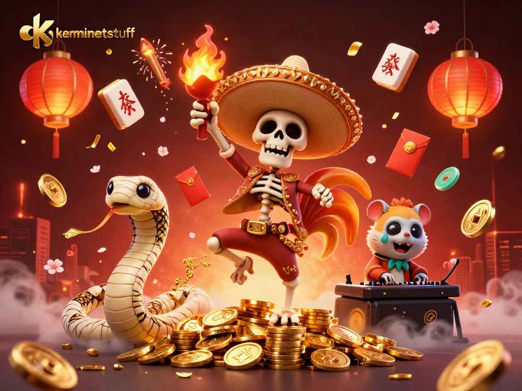 Engage with kermitmentstuff as the mariachi rooster celebrates on golden coins amidst joyful casino elements.